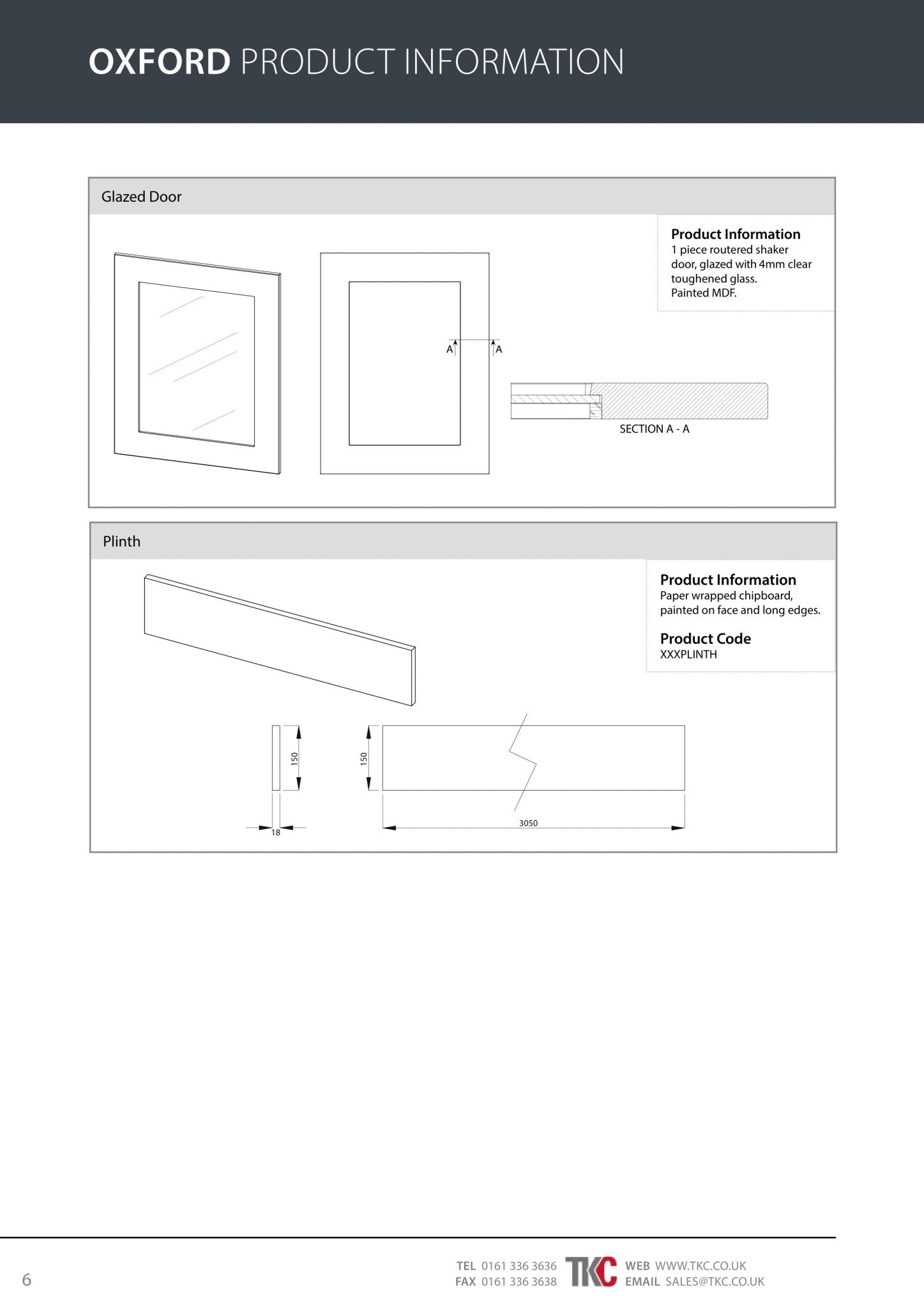 Product information sheet for Oxford with diagrams and dimensions of a glazed door and a length of plinth.