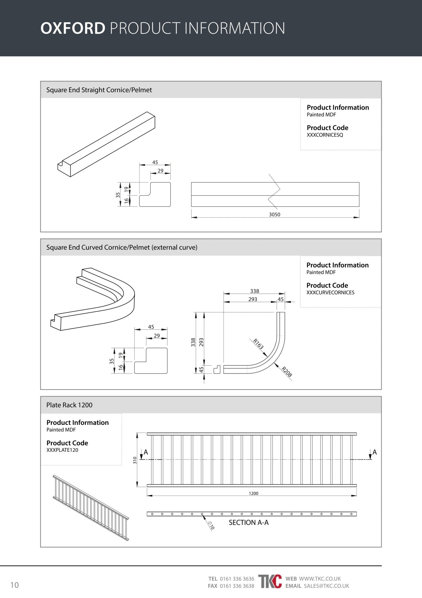Technical drawings and product information for Oxford kitchen products including straight end cornices and plate racks.