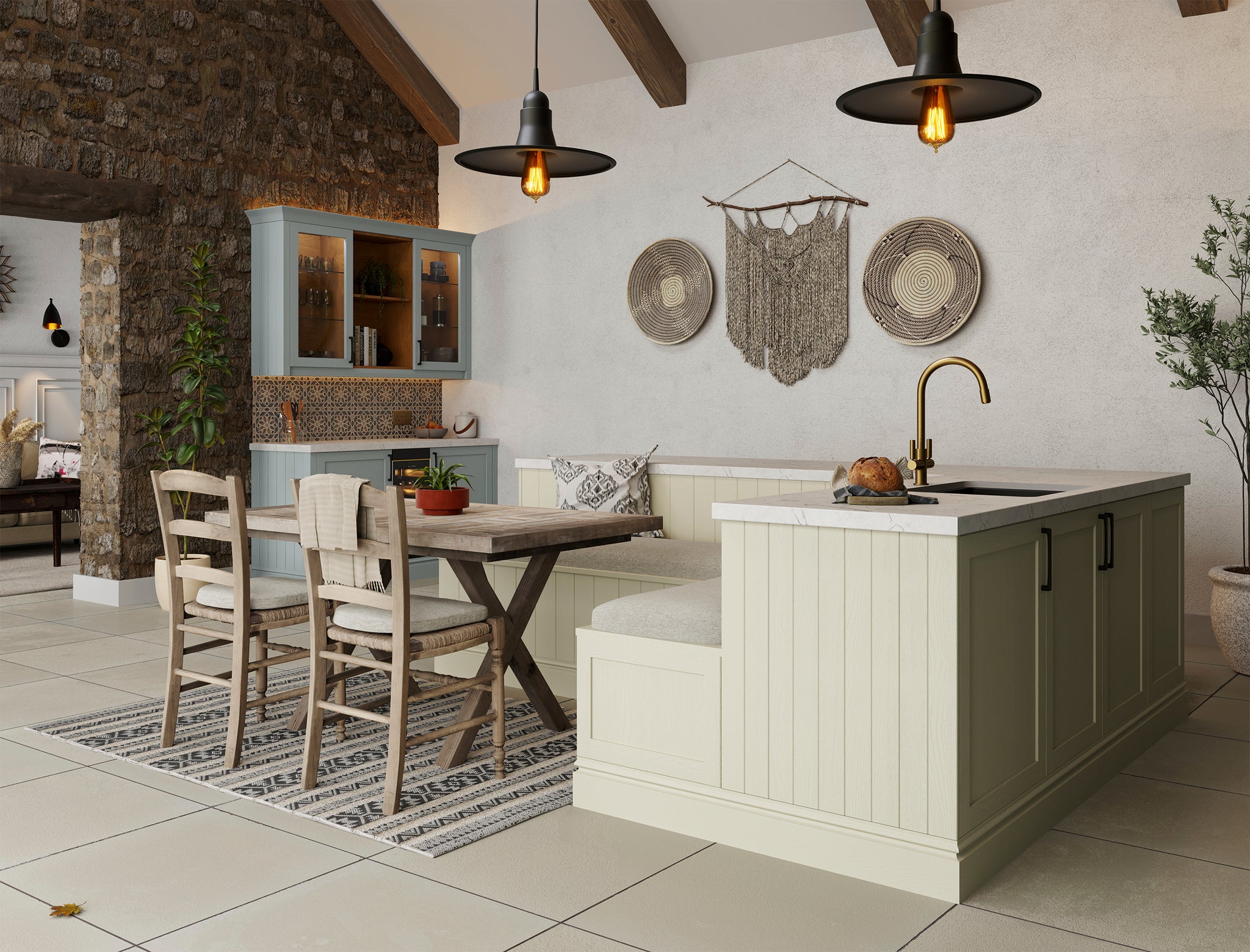 Modern kitchen with dining area featuring a kitchen island, table, and chairs.