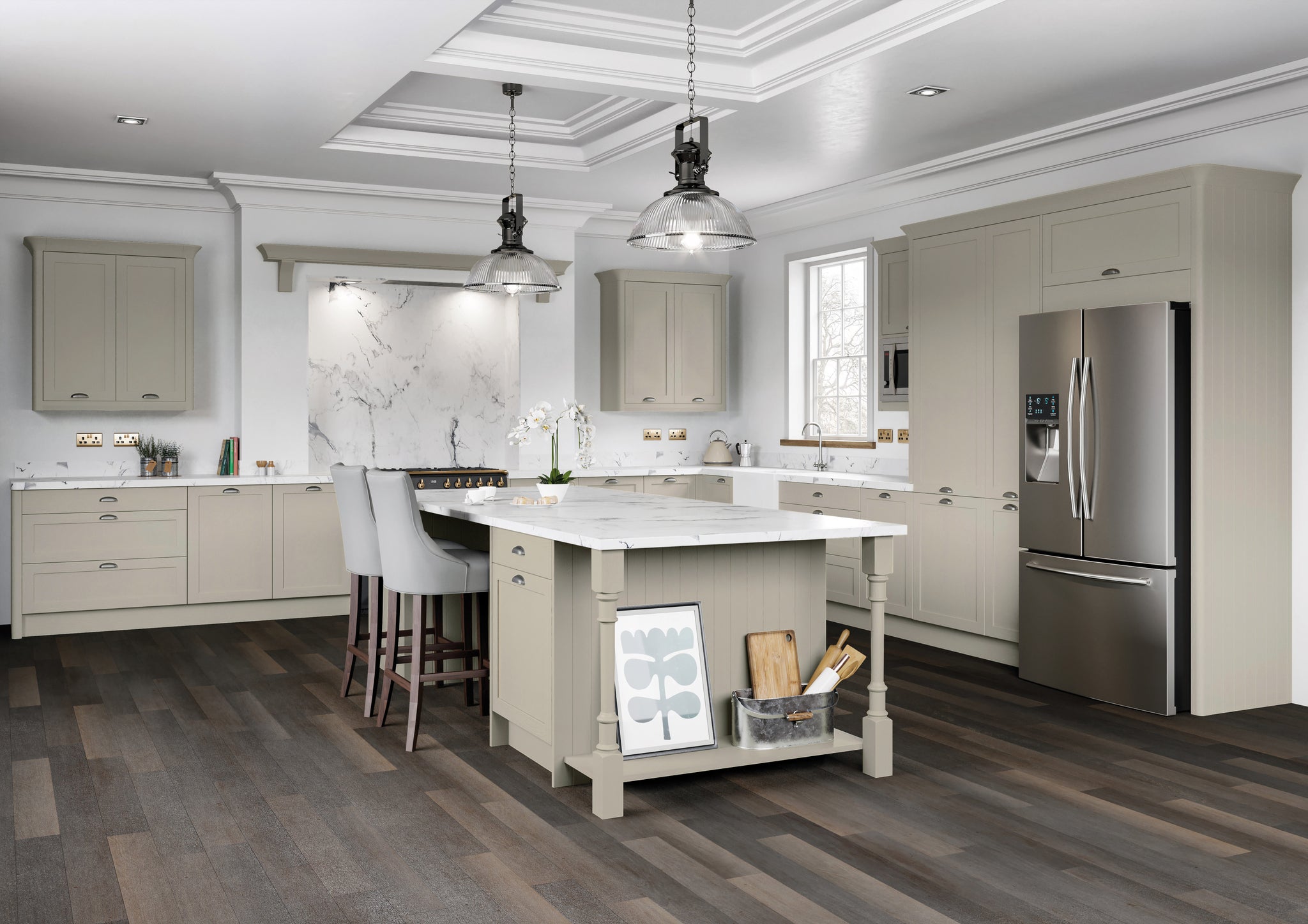 Modern kitchen with stainless steel appliances and wooden flooring