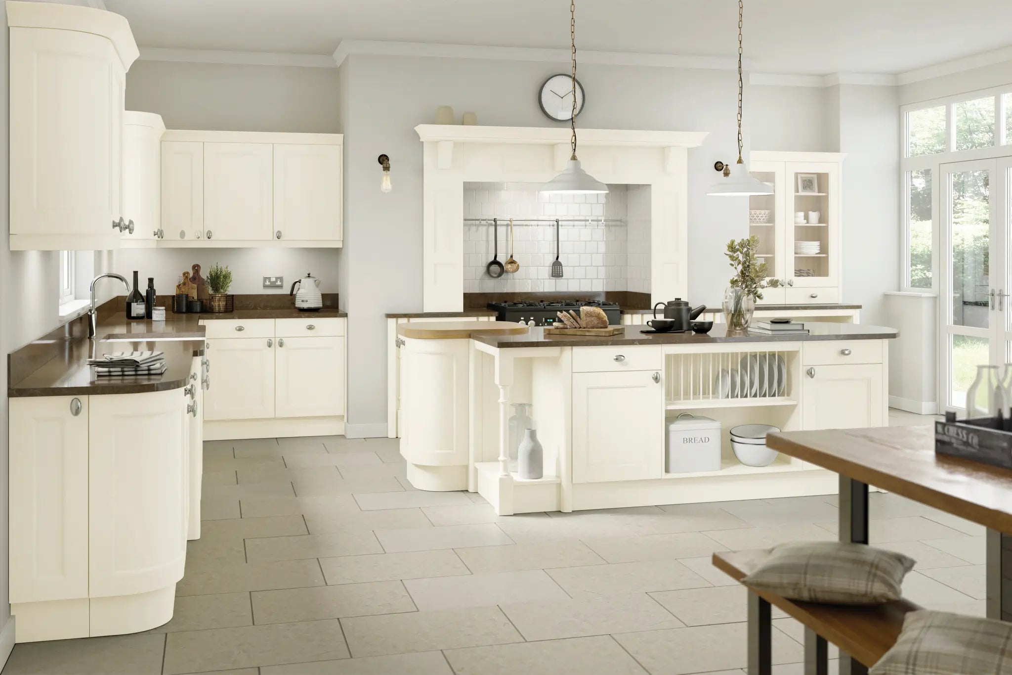 Modern painted wood shaker kitchen with porcelain doors and accessories and dark marble countertops. Features include a full mantel kit around a stove, a plate rack and a floor column.