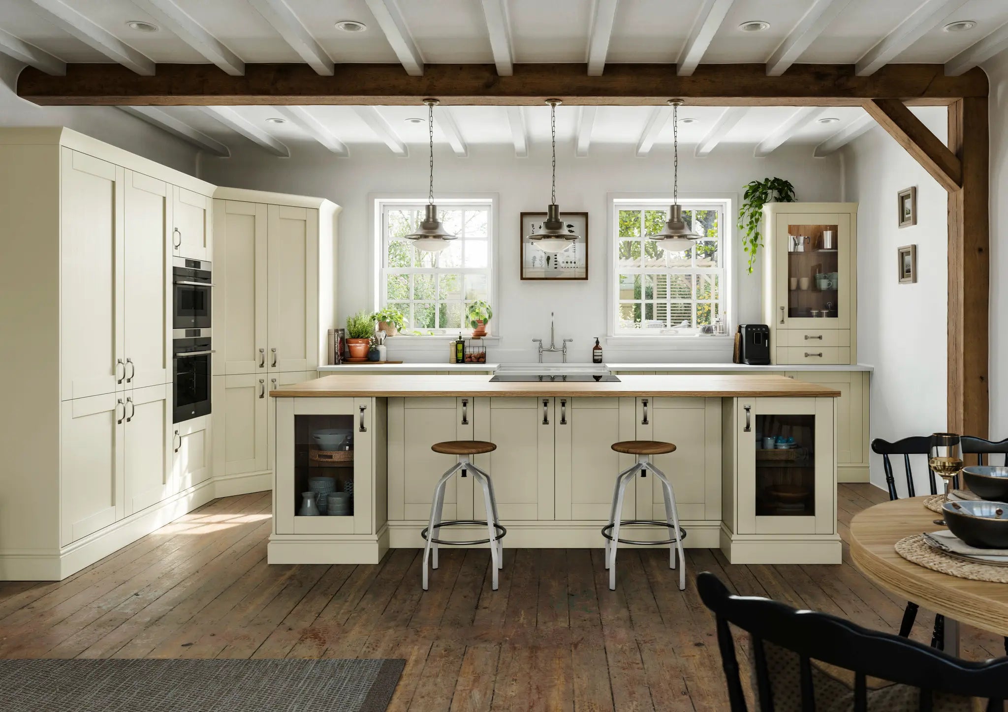 Modern painted wooden shaker kitchen with porcelain doors and accessories.