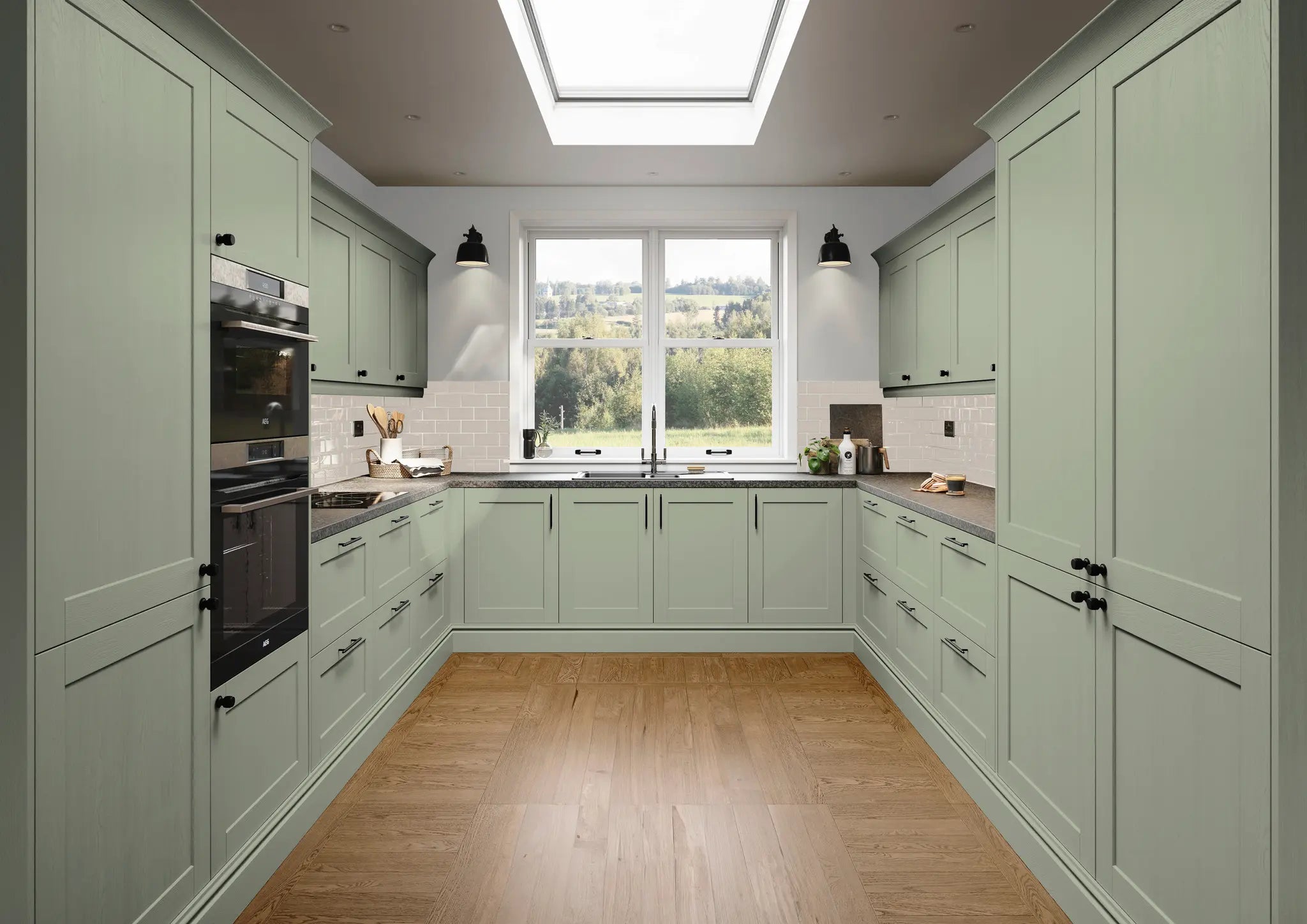 Modern kitchen with french grey cabinets, wooden floor, and large window.