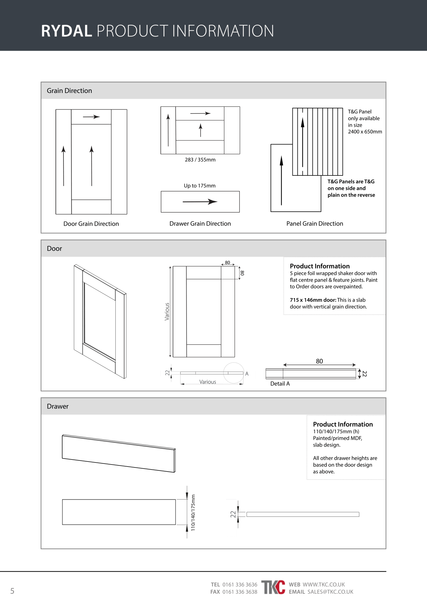 Technical drawings and product information for Rydal doors and drawers on a white background.