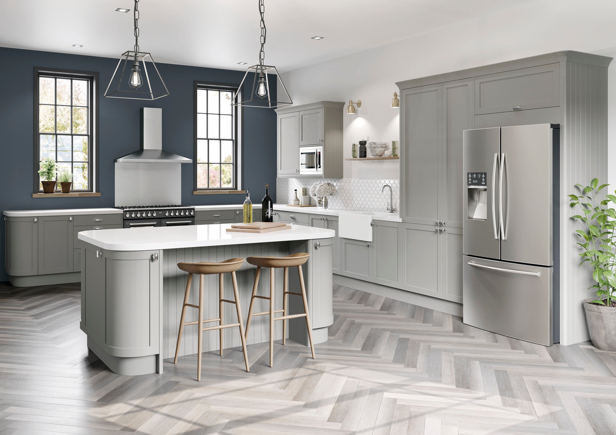 Modern kitchen with grey cabinets, stainless steel appliances, and a island.