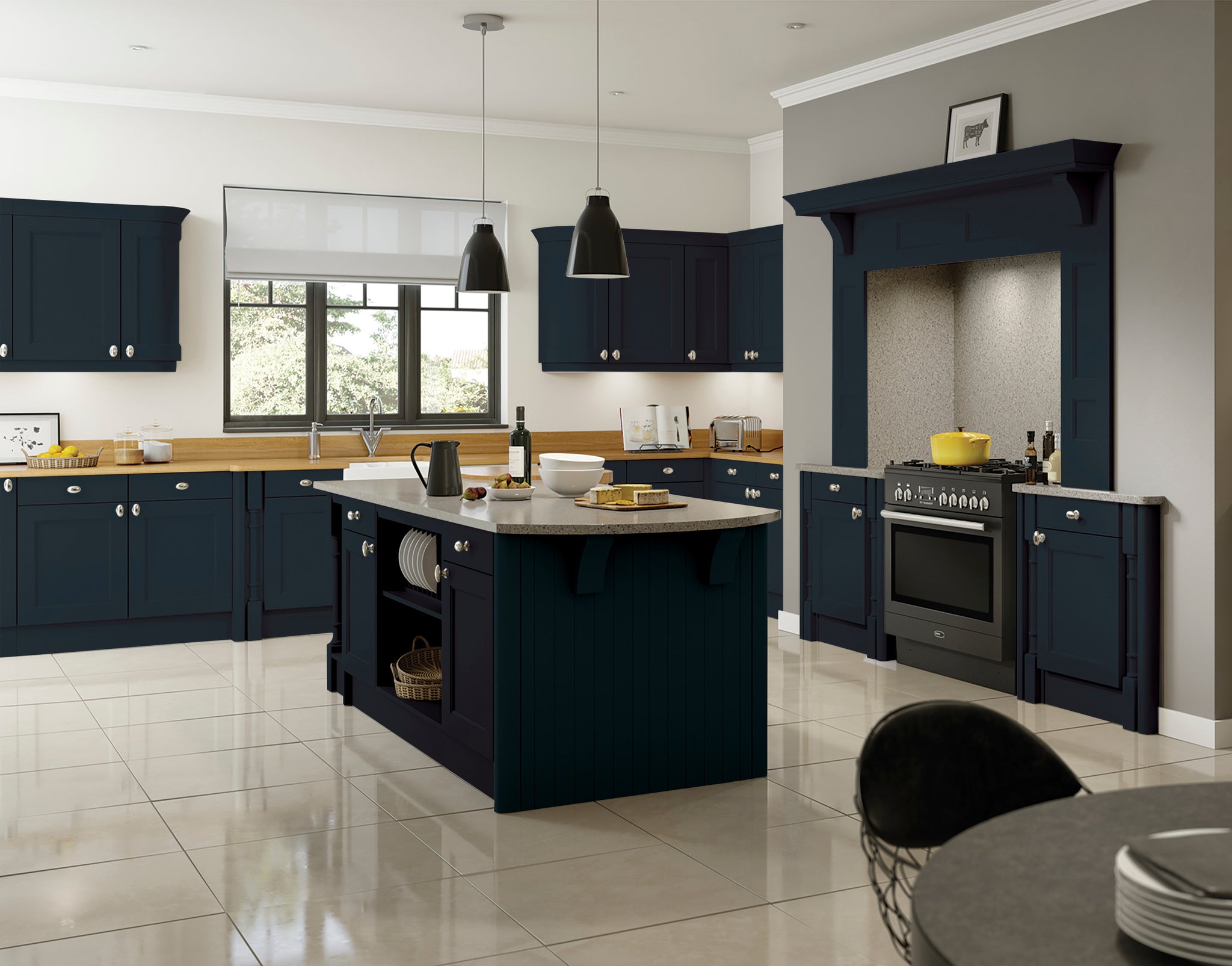 Modern kitchen with dark blue cabinets, island, and appliances.