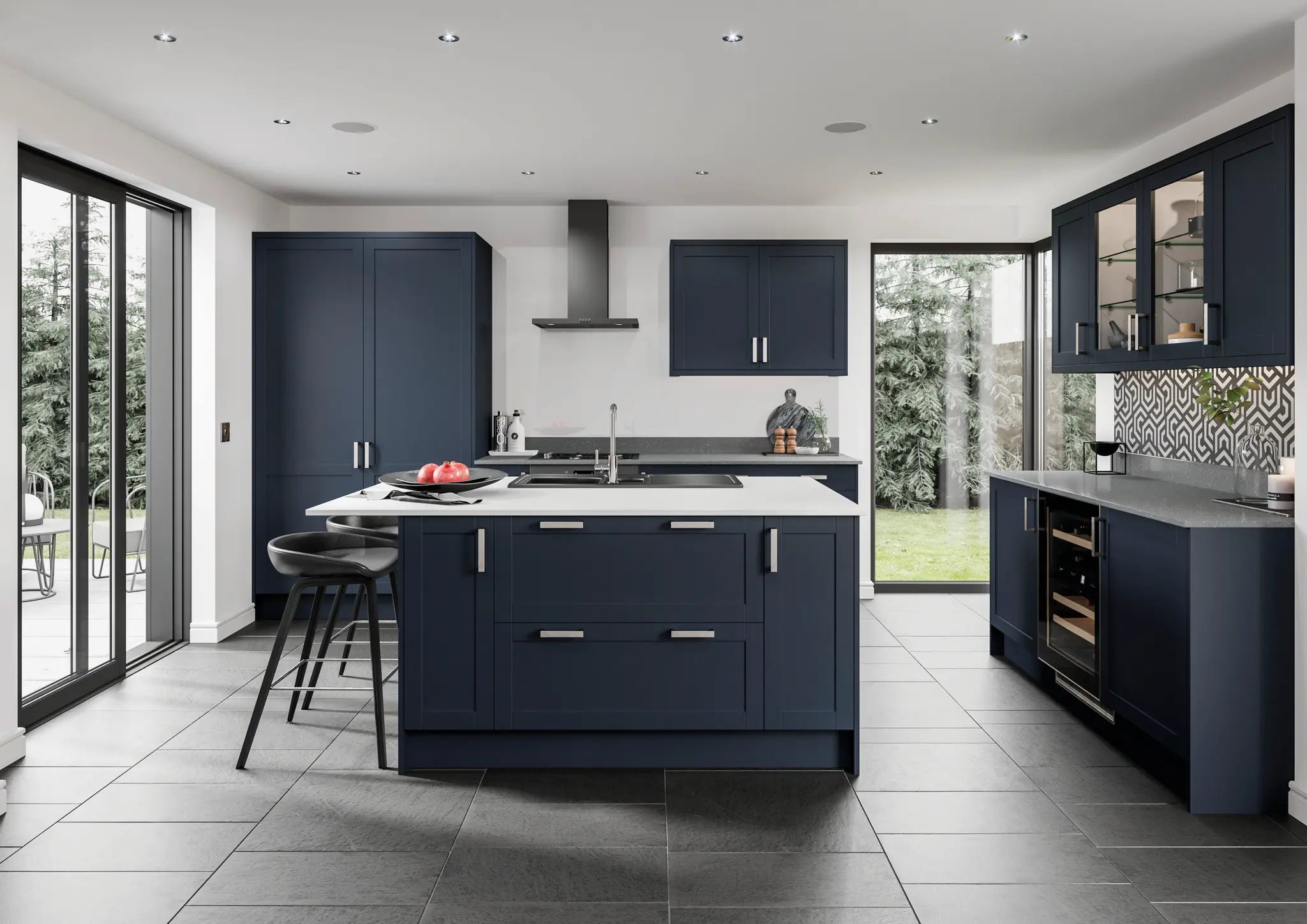 Modern Stratto kitchen with indigo doors and white countertops. Featuring two glazed doors.
