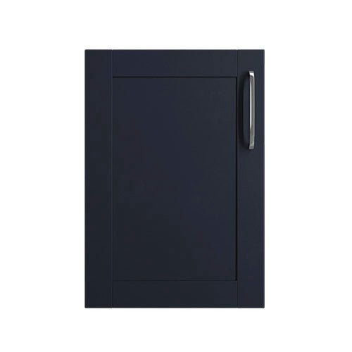 Stratto indigo cabinet door with a silver handle on a white background