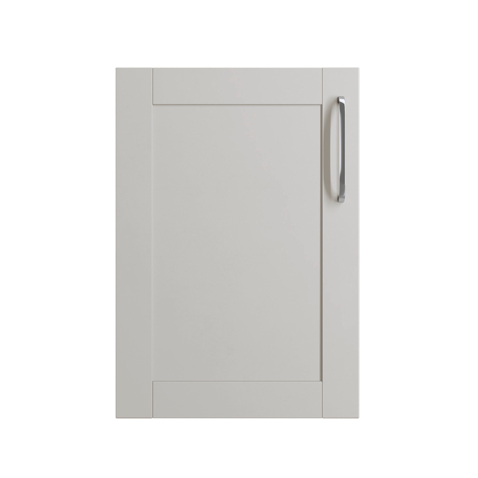Gray cabinet door with a handle on a white background