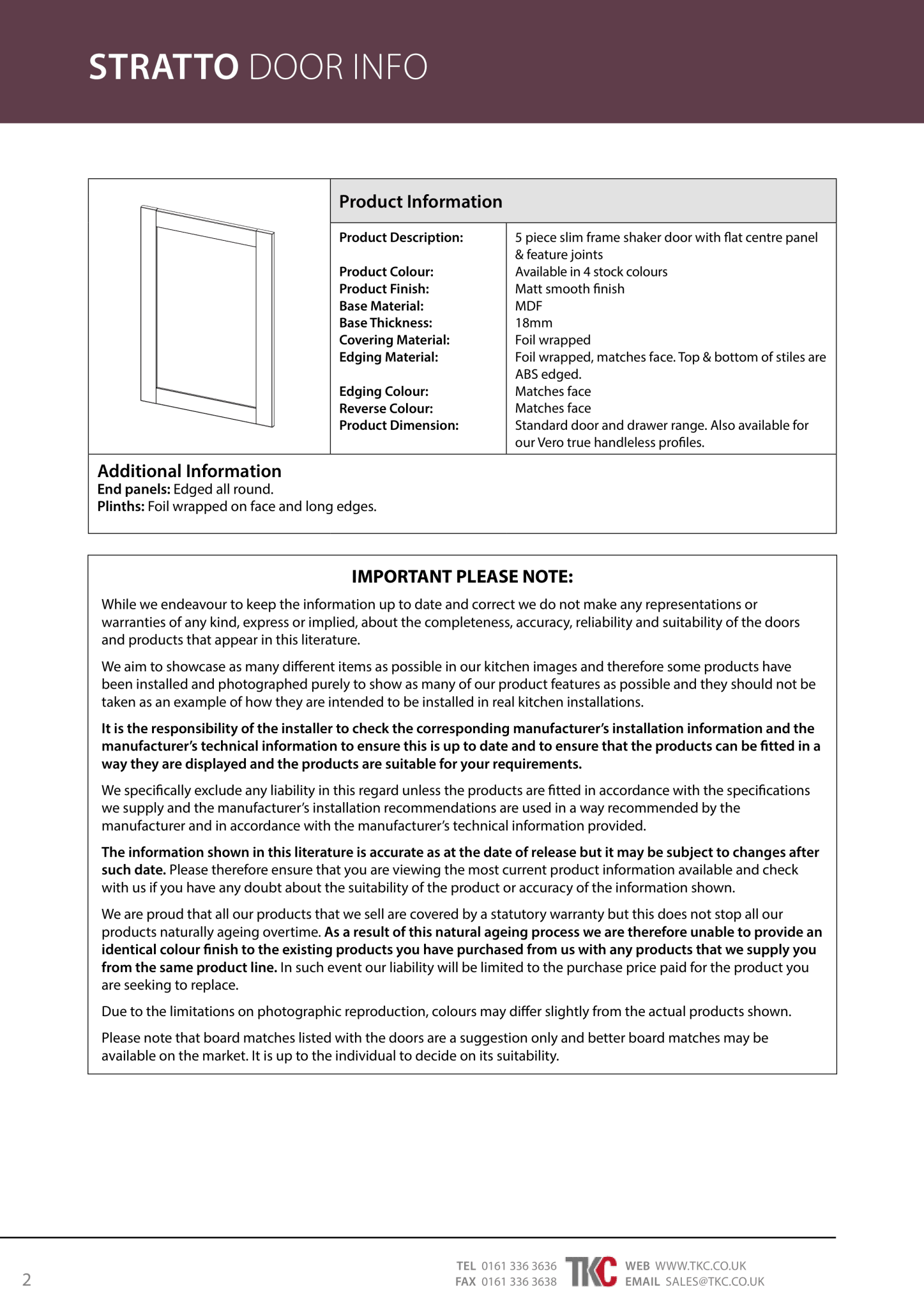 Stratto door information sheet with product details and important notes.