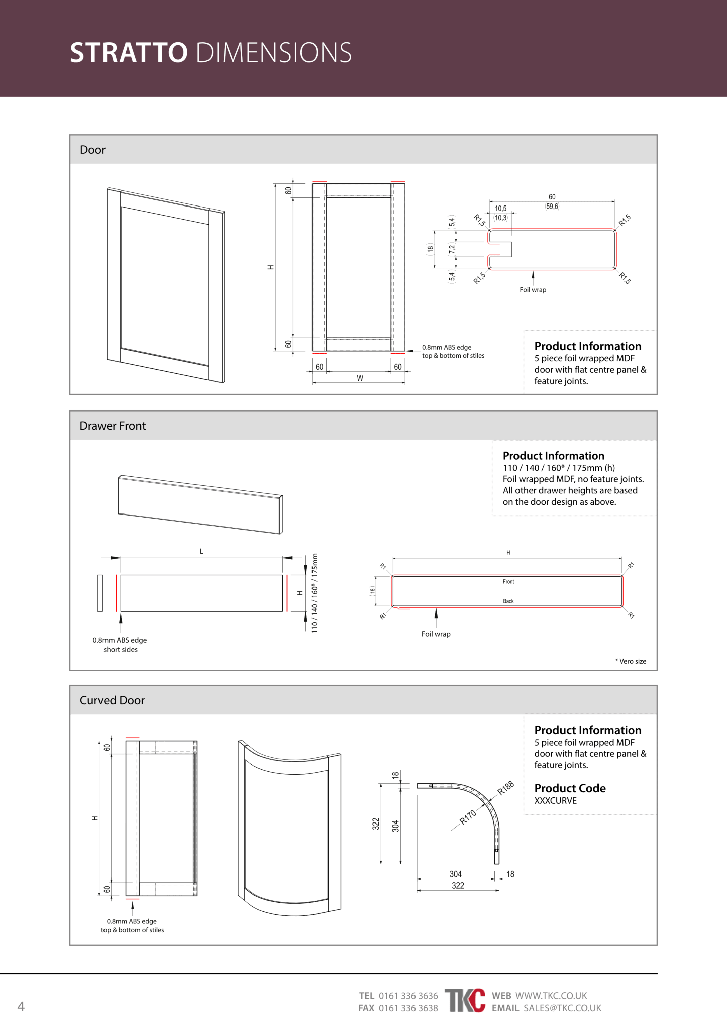 Stratto dimensions sheet with door, drawer front, and curved door measurements.