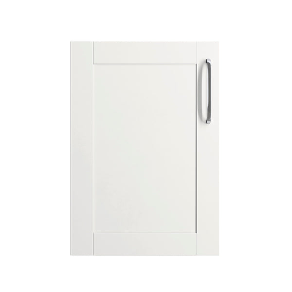 White cabinet door with a silver handle on a white background