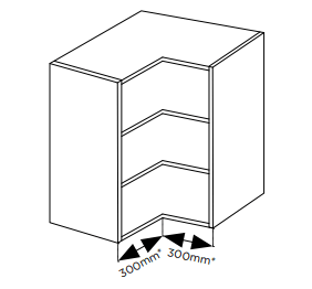 Line drawing of a corner cabinet with dimensions indicated.