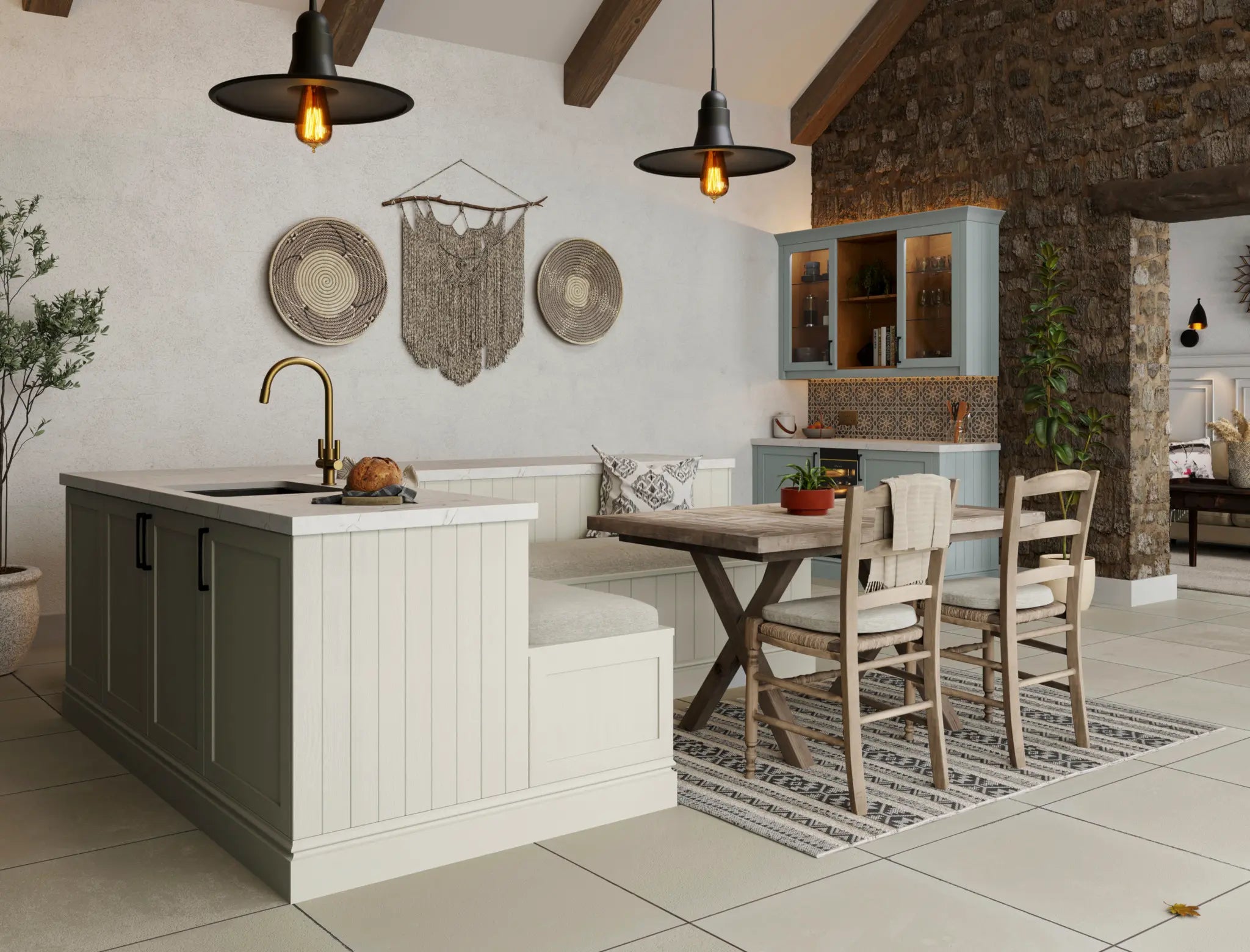 Modern shaker kitchen with island, dining table, and chairs. Features glazed wall cabinet doors and tongue and groove panelling.