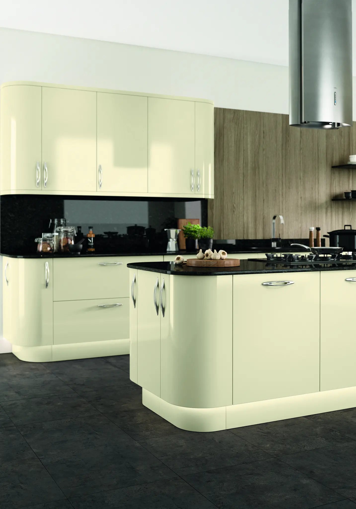 Modern Vivo kitchen with gloss cream cabinets and black worktops.