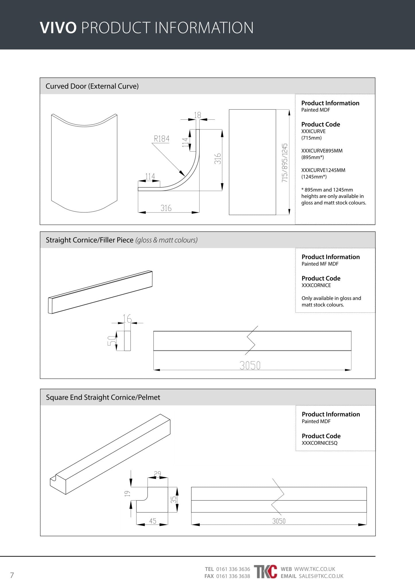 Product information sheet for Vivo curved doors and cornice/pelmet.