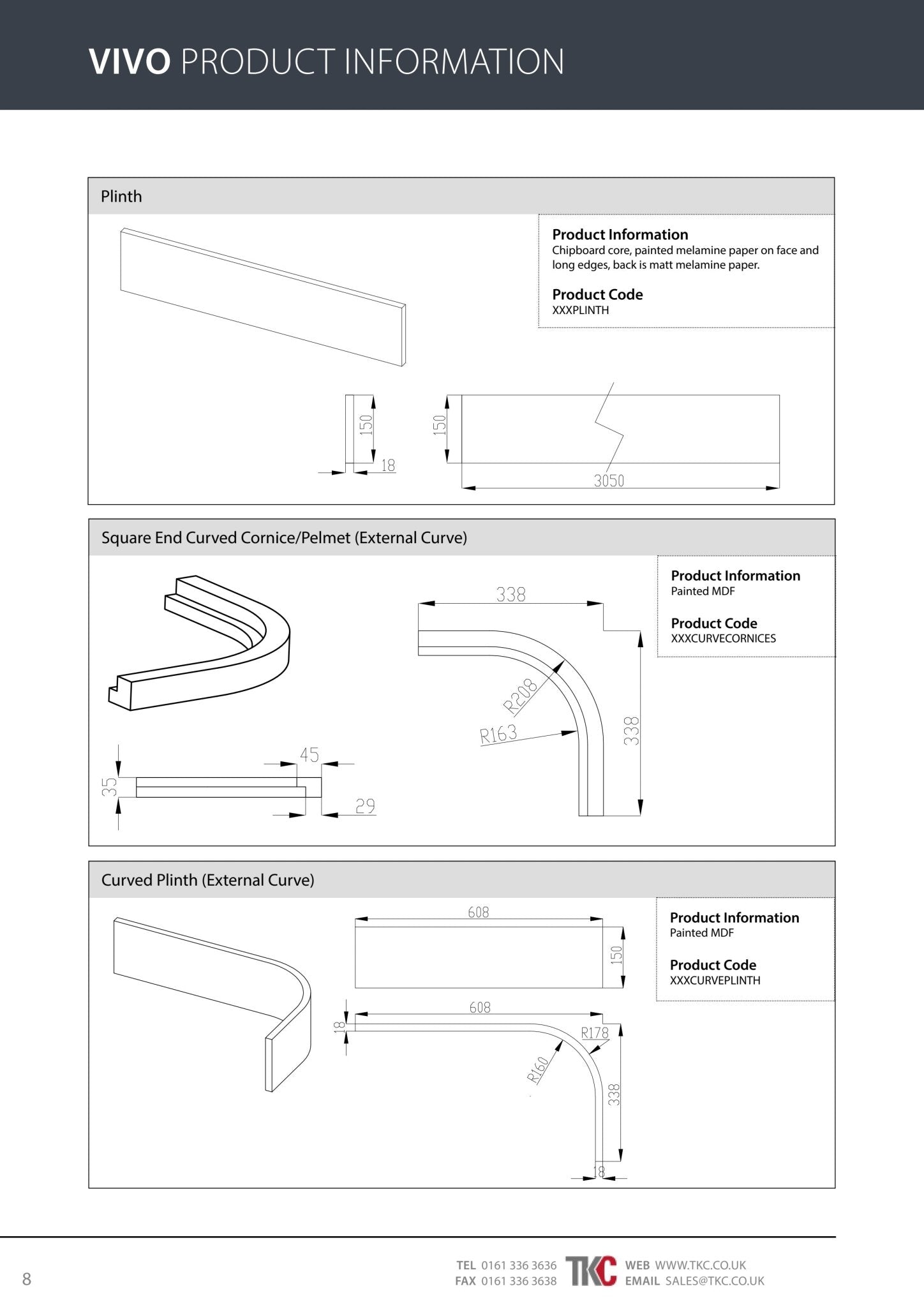 Product information sheet for Vivo plinth and cornice.