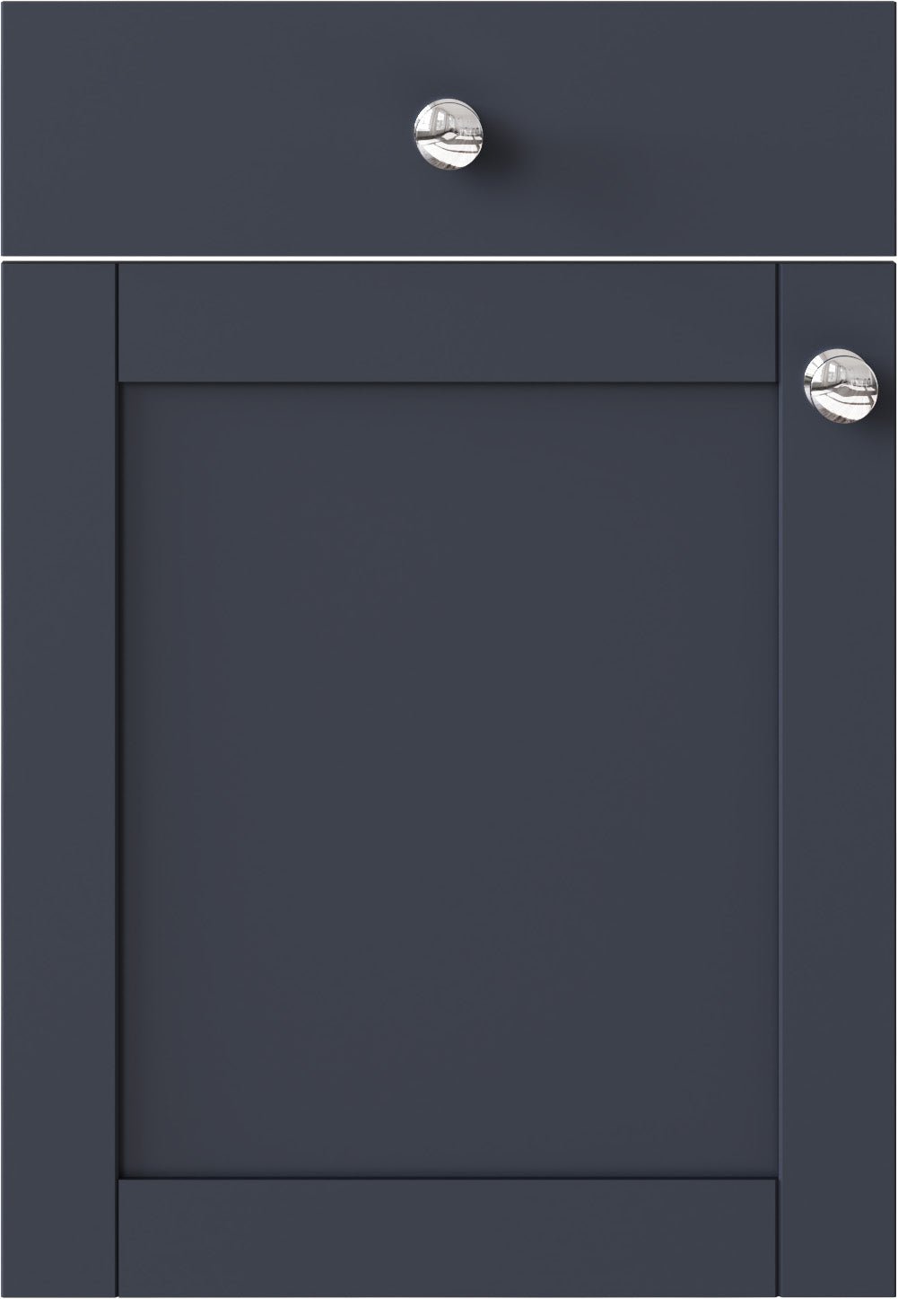 Indigo cabinet door with two silver knobs