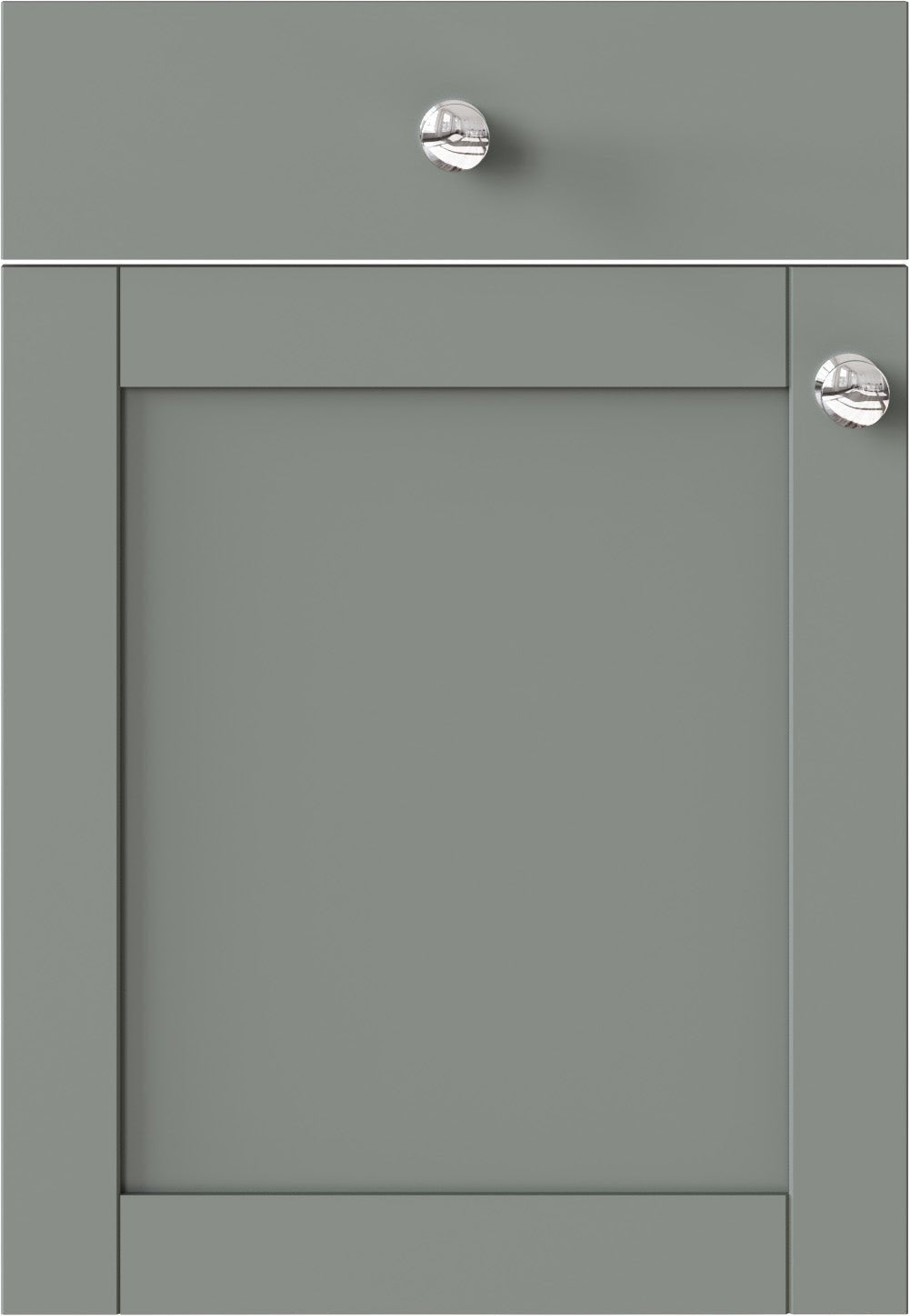 Green cabinet door with silver knobs on a white background