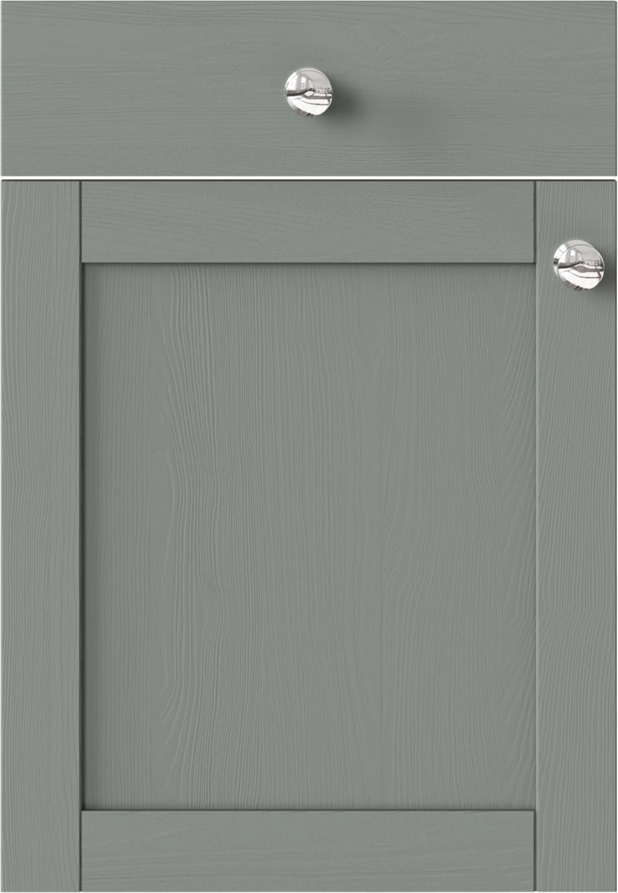 Waterford Sage Green kitchen cabinet door with two silver knobs.
