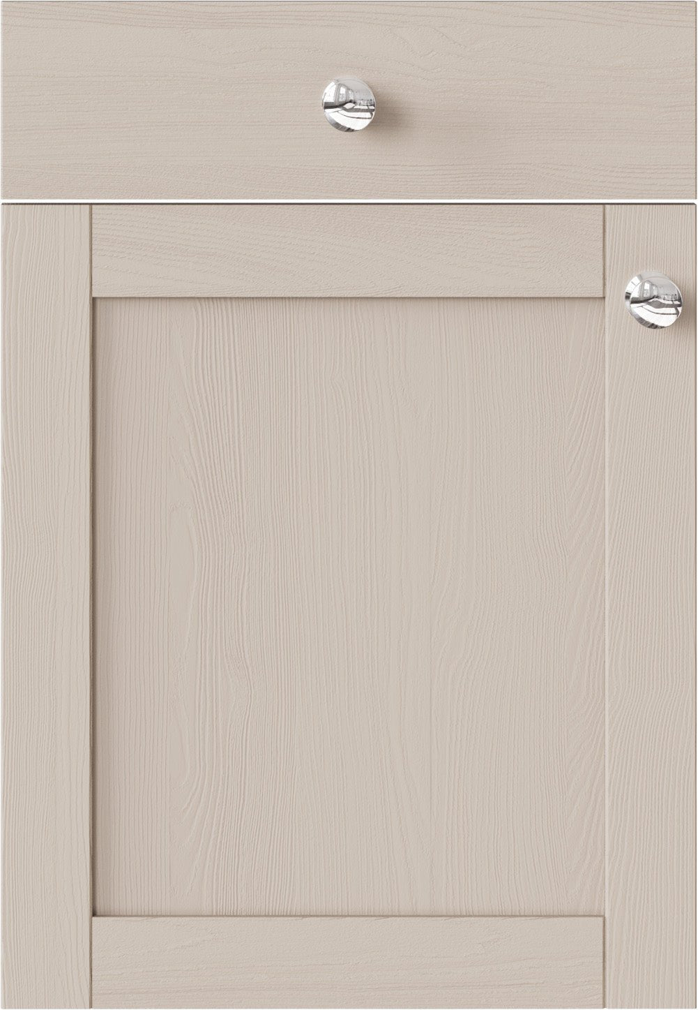 Beige cabinet door with silver knobs