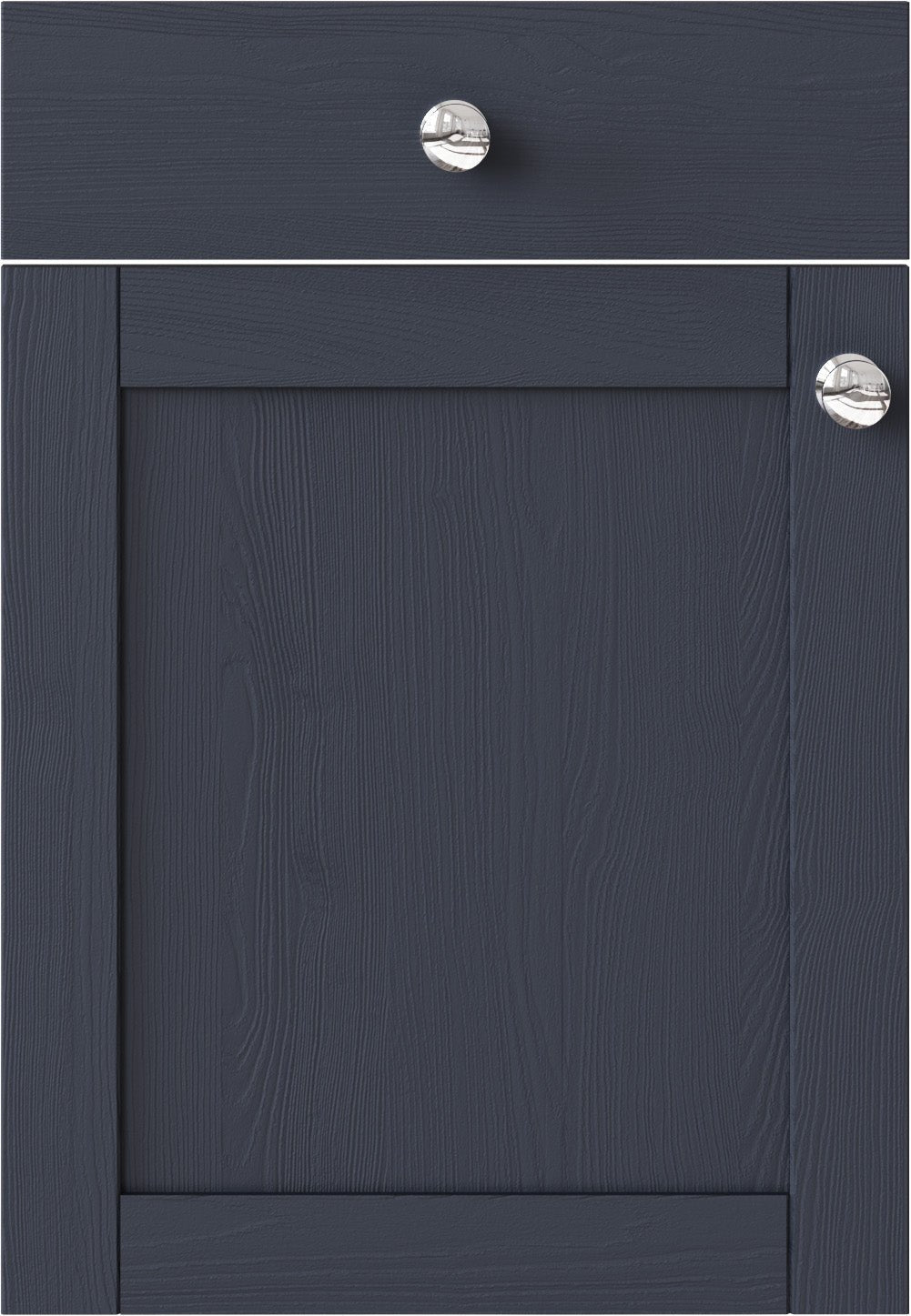 Dark blue cabinet with silver knobs