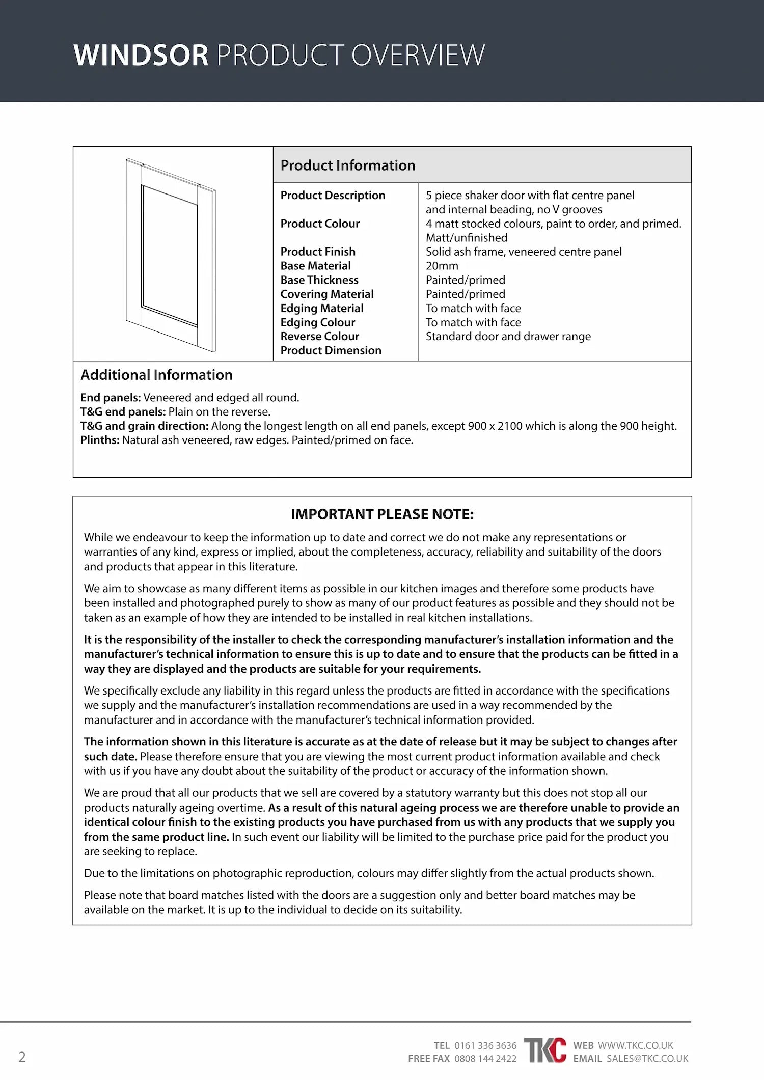 Windsor Product Guide with diagrams and grain direction info for doors and end panels.