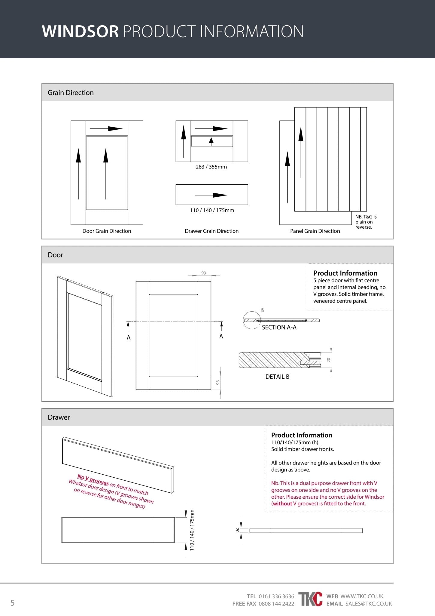 Windsor Product Guide with diagrams, measurements and grain direction info for doors and end panels.