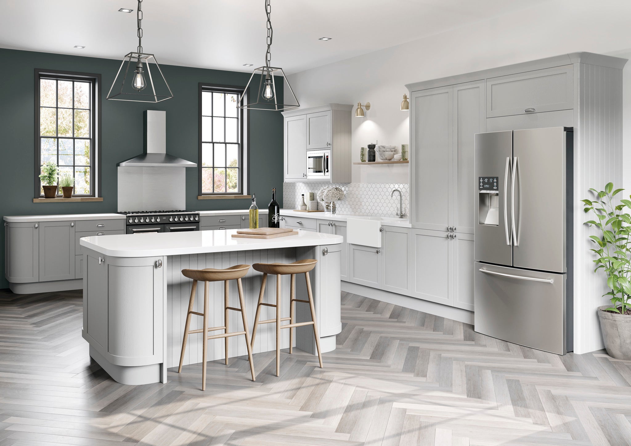 Modern kitchen with grey cabinets, stainless steel appliances, and a white island.