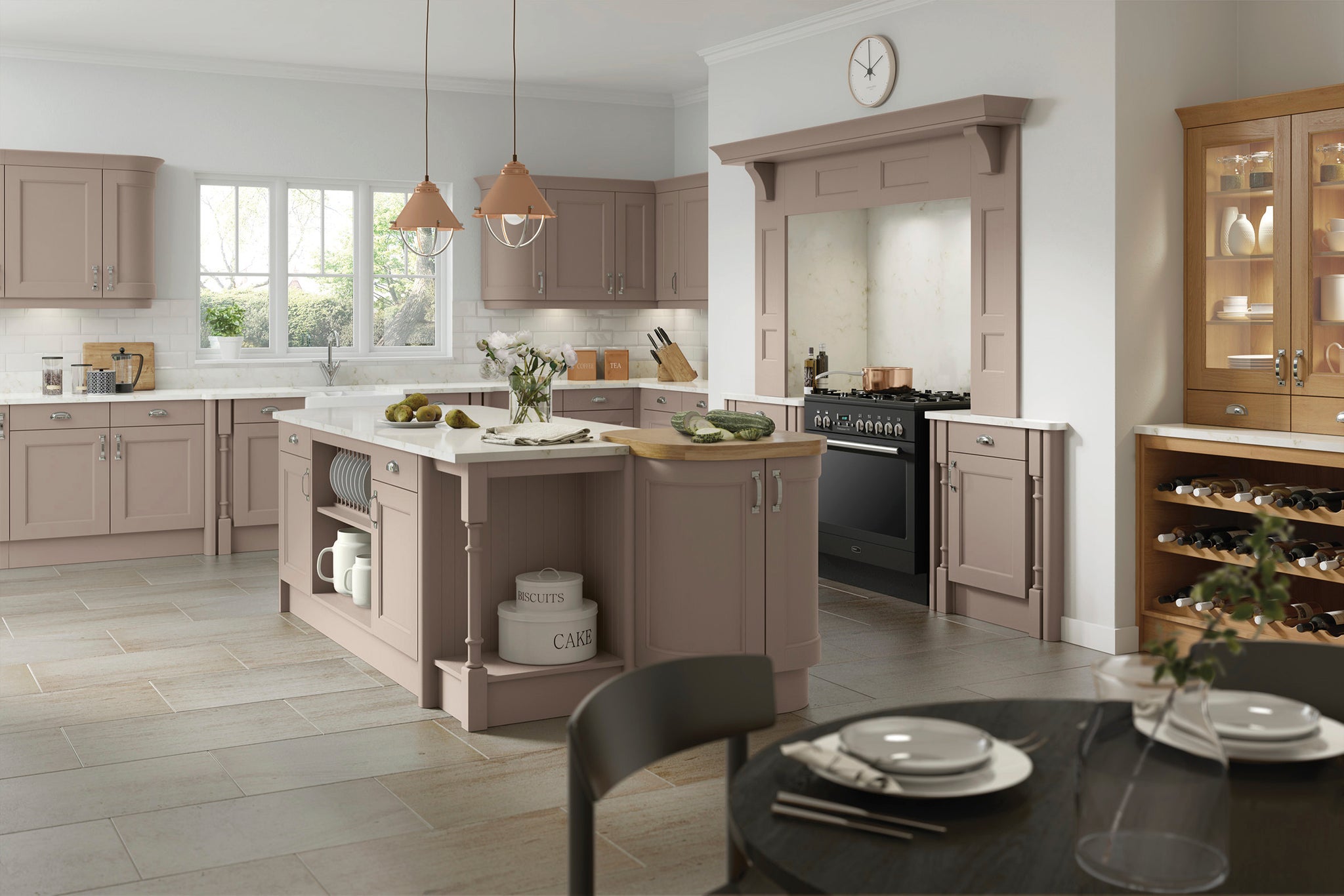 Modern kitchen with wooden cabinets, island, and dining area.