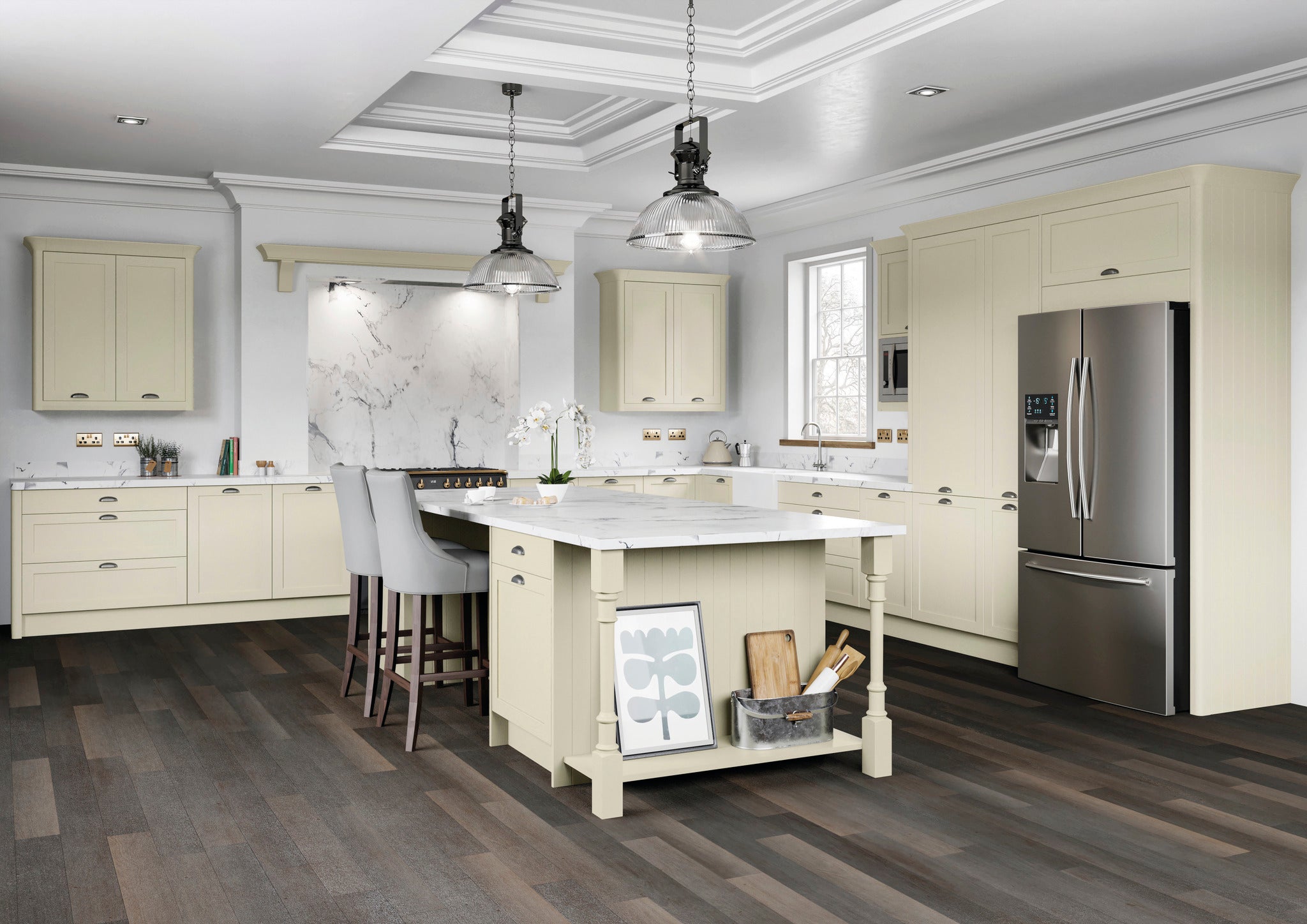 Modern kitchen with off white cabinets, marble island, and stainless steel appliances.