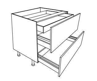 A line drawing of a two pan drawer unit with an internal drawer. The two pan drawers are open, and the internal drawer is open a liitle bit.
