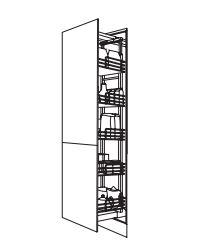 Line drawing of a tall larder cabinet with open doors showing shelves.