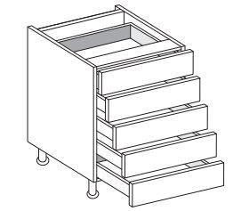 Line drawing of a kitchen cabinet with five drawers on a white background.