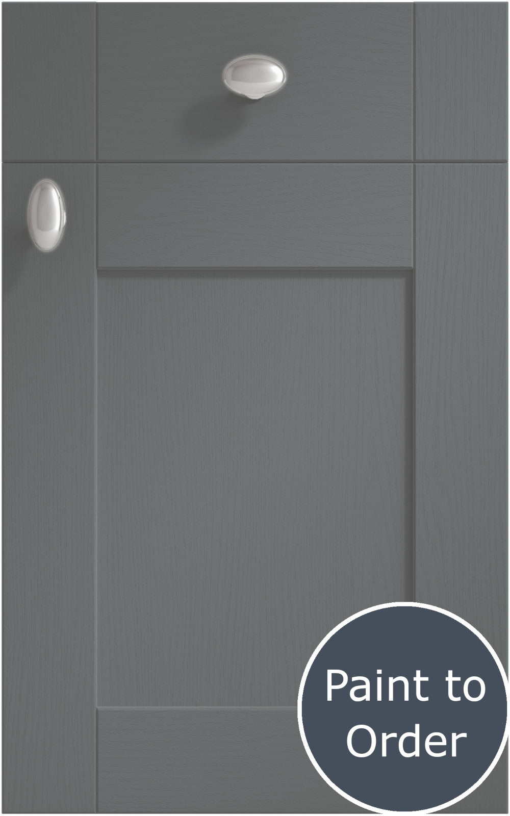 Cambridge Anthracite cabinet door and drawer front. Both have a silver knob. Labelled 'Paint to Order'.