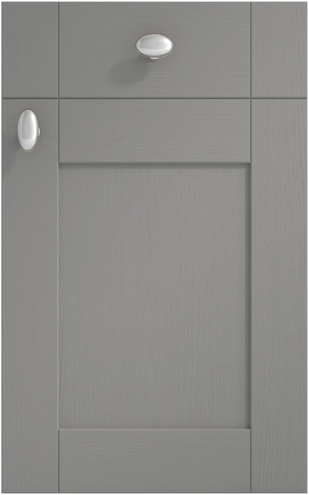 Cambridge Dust Grey cabinet door and drawer front. Both have a silver knob.