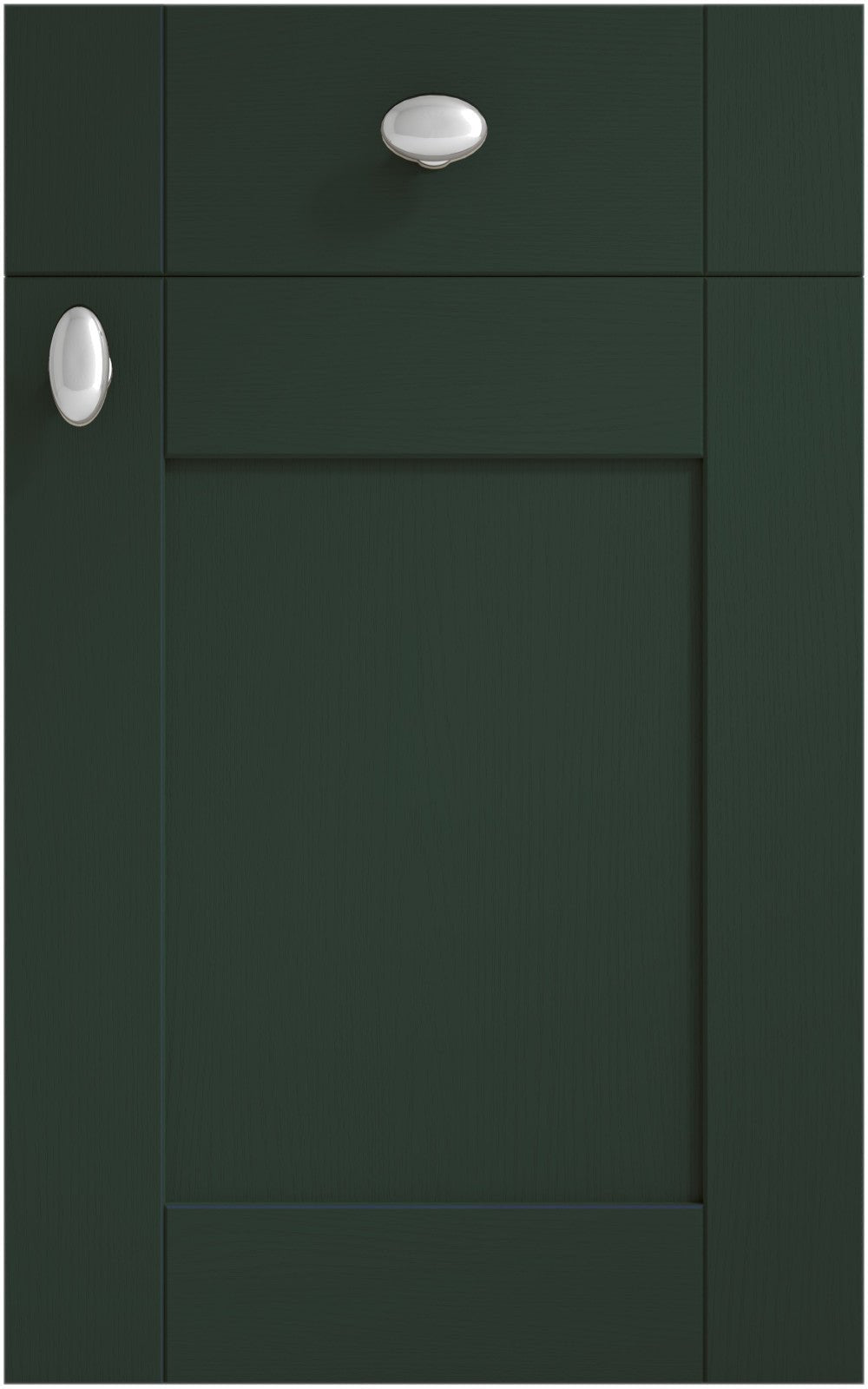 Cambridge Fir Green cabinet door and drawer front. Both have a silver knob.