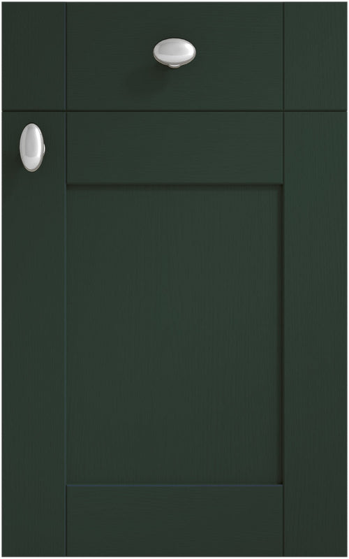 Cambridge Fir Green cabinet door and drawer front. Both have a silver knob.