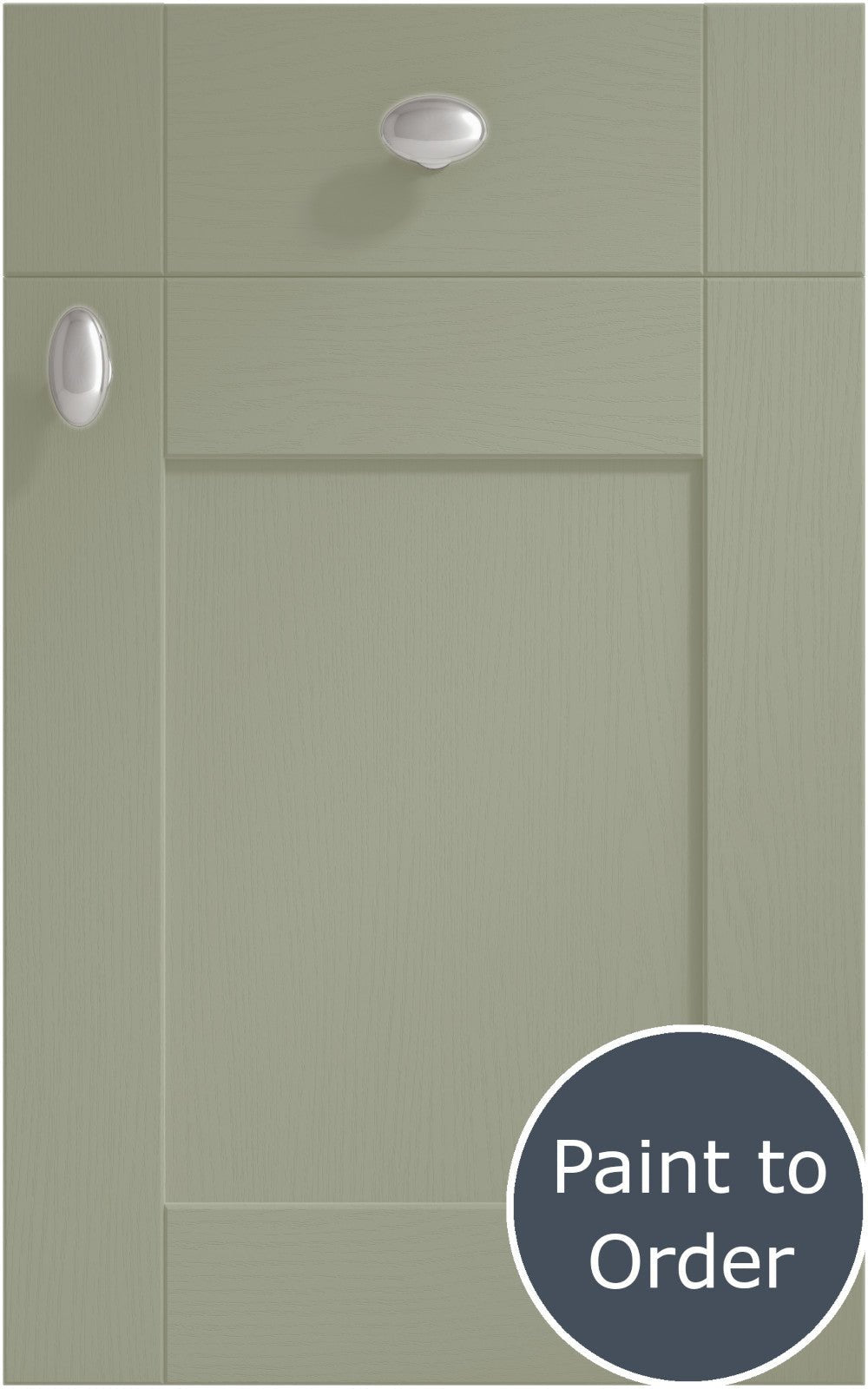Cambridge French Grey cabinet door and drawer front. Both have a silver knob. Labelled 'Paint to Order'.