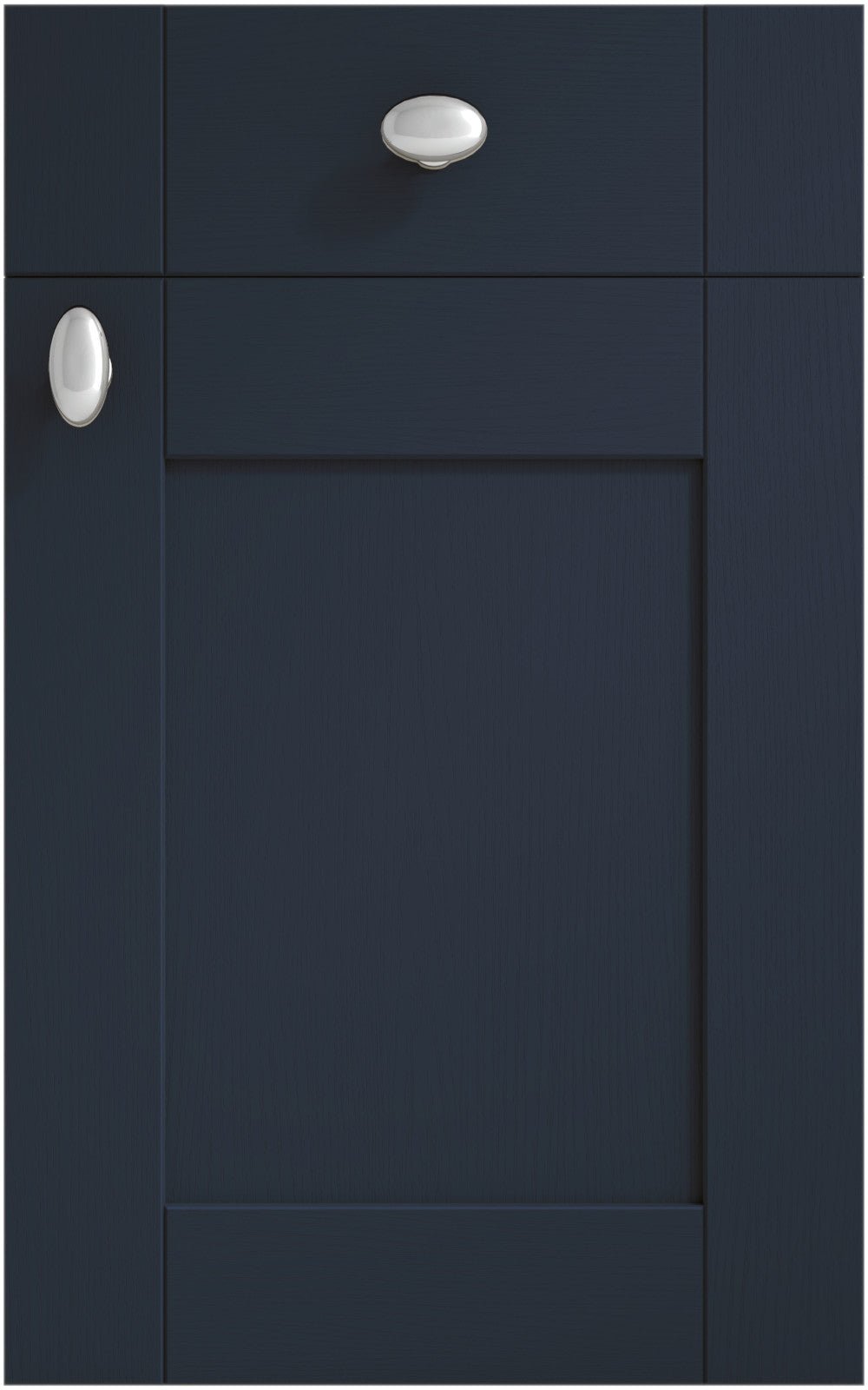Cambridge Indigo cabinet door and drawer front. Both have a silver knob. Labelled 'Paint to Order'.