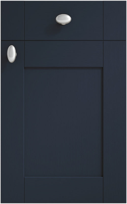 Cambridge Indigo cabinet door and drawer front. Both have a silver knob. Labelled 'Paint to Order'.