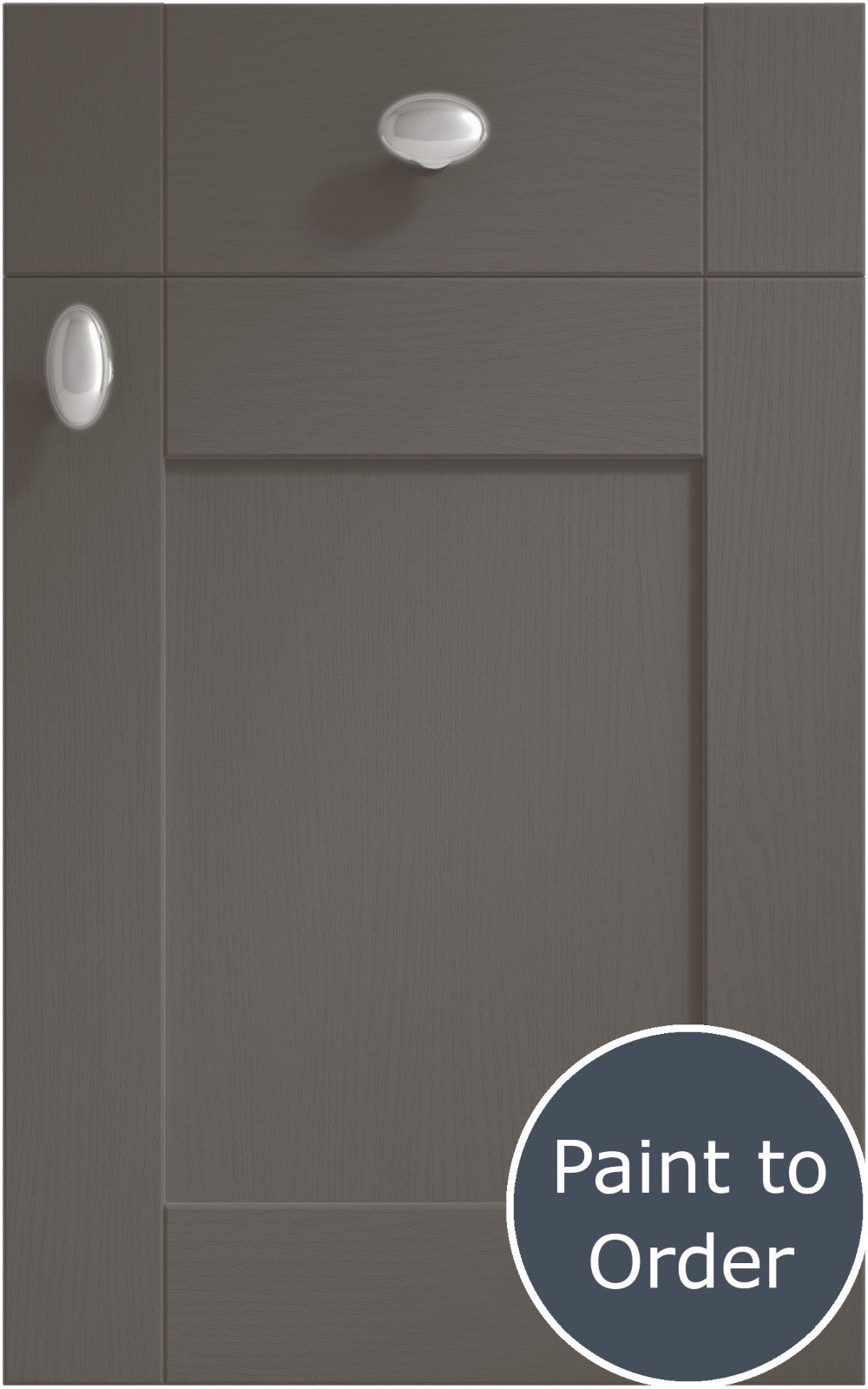 Cambridge Lava cabinet door and drawer front. Both have a silver knob. Labelled 'Paint to Order'.