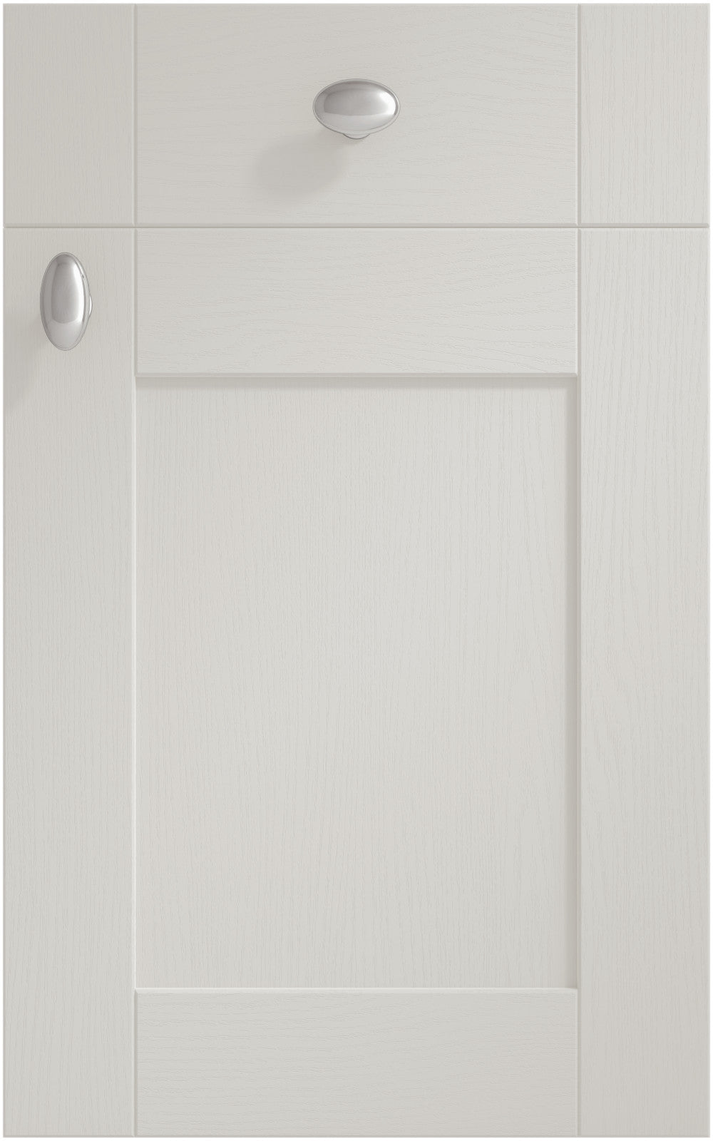 Cambridge Light Grey cabinet door and drawer front. Both have a silver knob.
