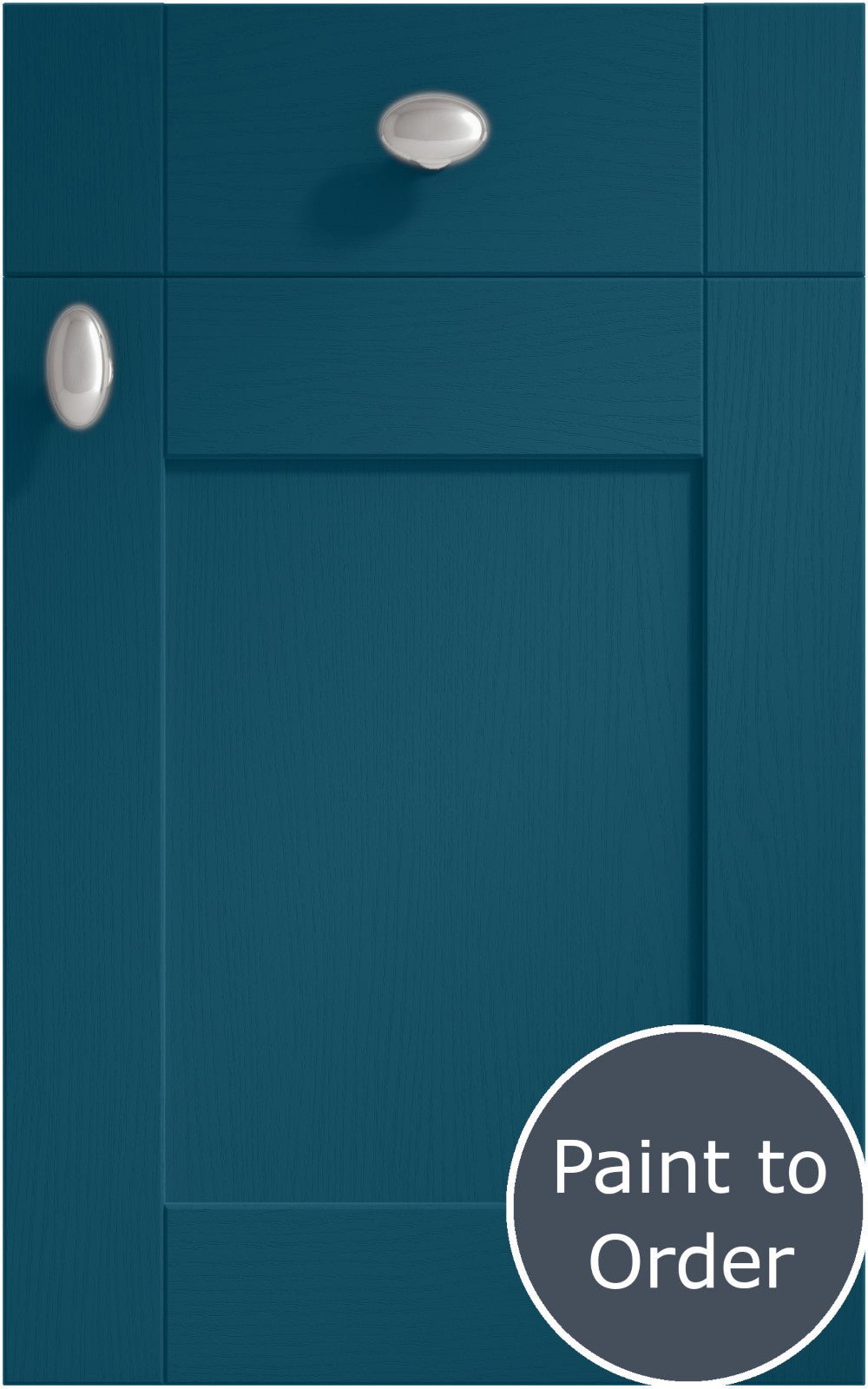 Cambridge Midnight Blue cabinet door and drawer front. Both have a silver knob. Labelled 'Paint to Order'.