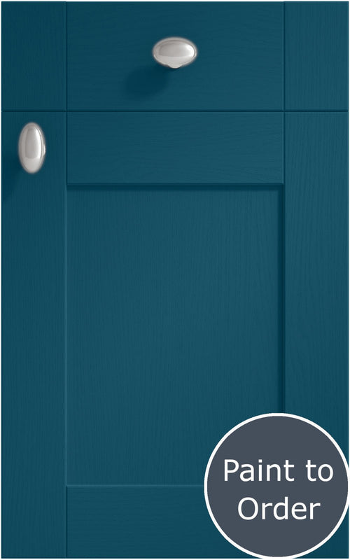 Cambridge Midnight Blue cabinet door and drawer front. Both have a silver knob. Labelled 'Paint to Order'.