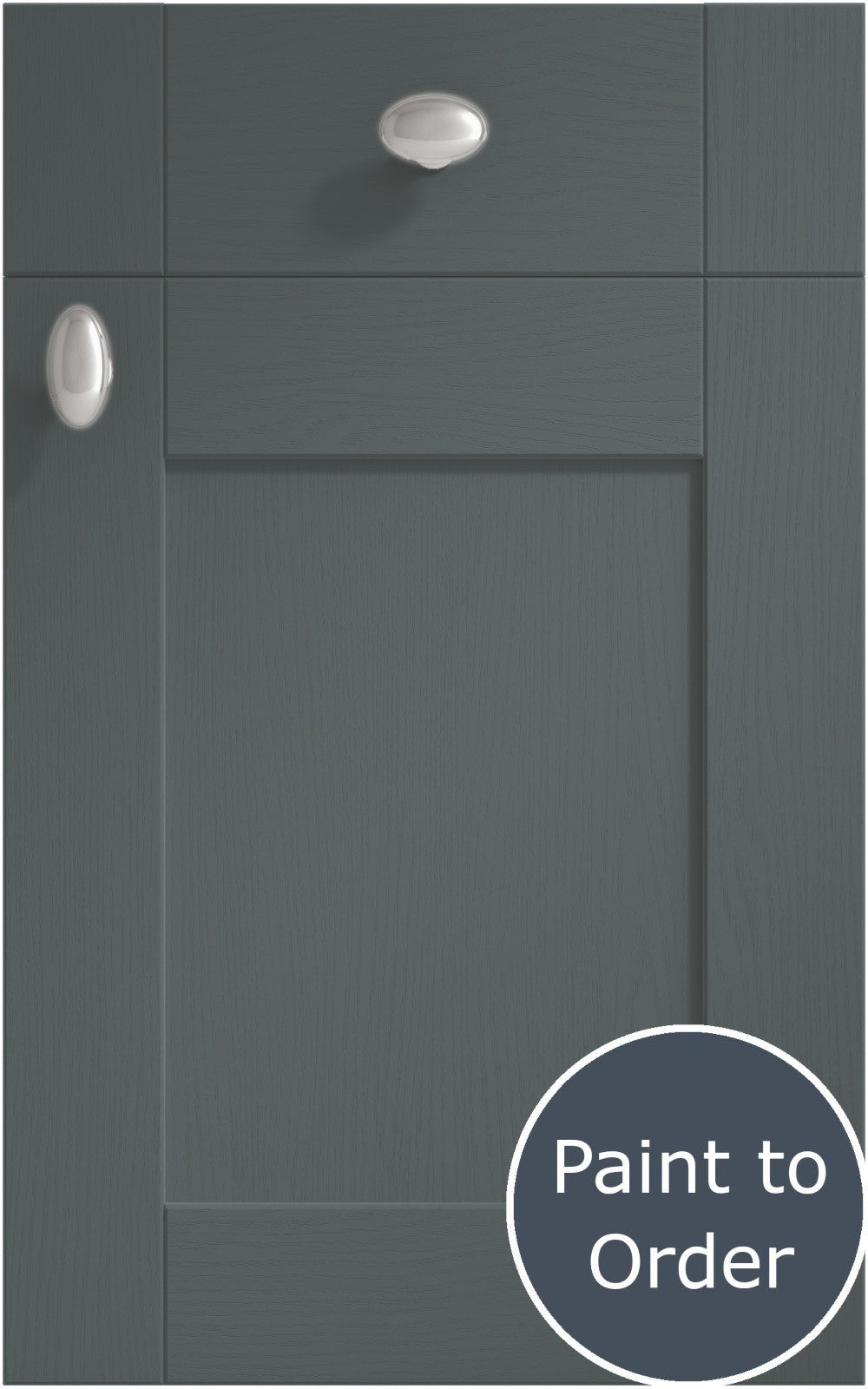 Cambridge Onyx Grey cabinet door and drawer front. Both have a silver knob. Labelled 'Paint to Order'.