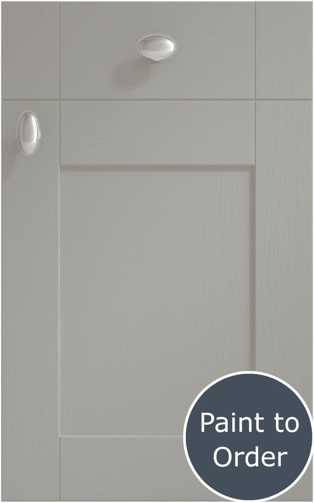 Cambridge Pebble Grey cabinet door and drawer front. Both have a silver knob. Labelled 'Paint to Order'.