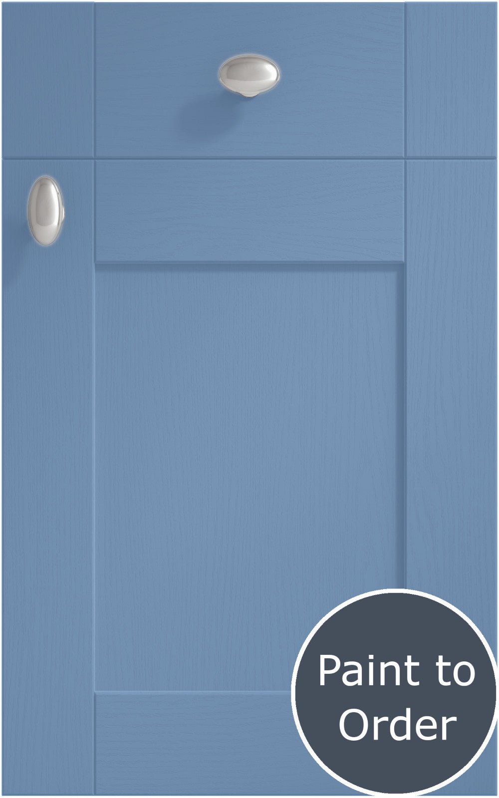 Cambridge Smoke Blue cabinet door and drawer front. Both have a silver knob. Labelled 'Paint to Order'.