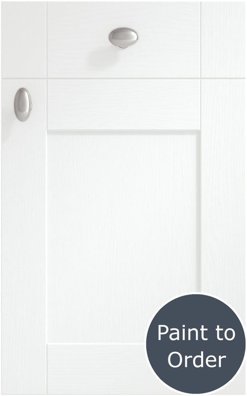 Cambridge White-Grey cabinet door and drawer front. Both have a silver knob. Labelled 'Paint to Order'.