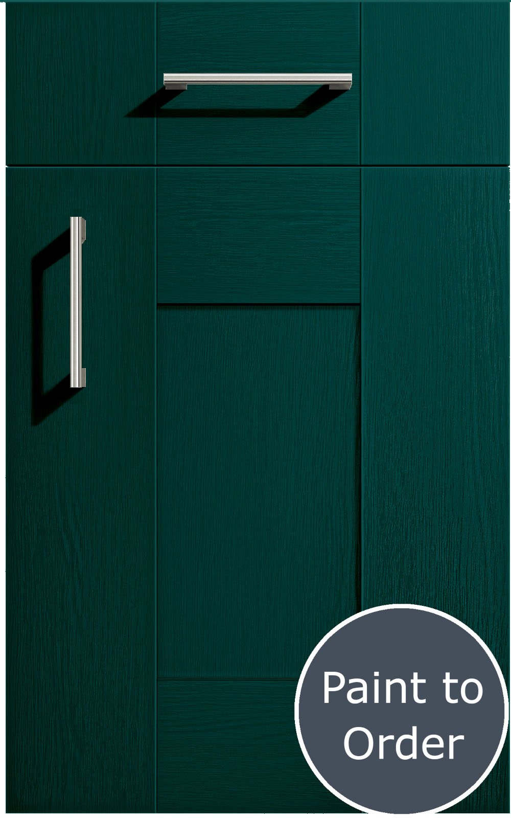 Cartmel Amazon Green cabinet door and drawer front. Both have a silver handle. Labelled 'Paint to Order'.